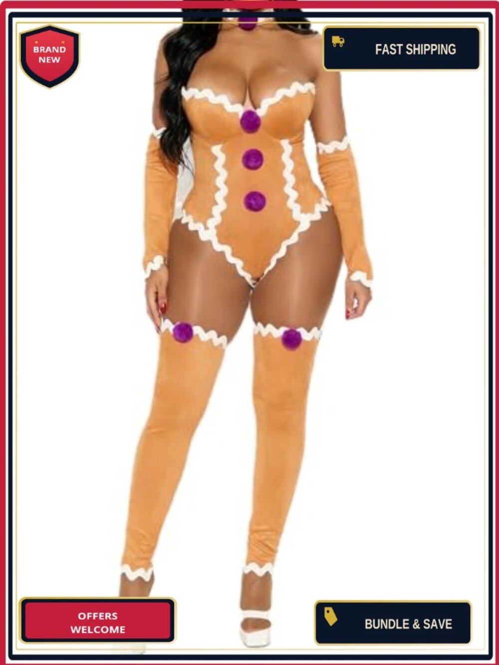 Women Gingerbread Man Costume Set Corset Bodysuit Arm Sleeves Leg Wraps Holiday